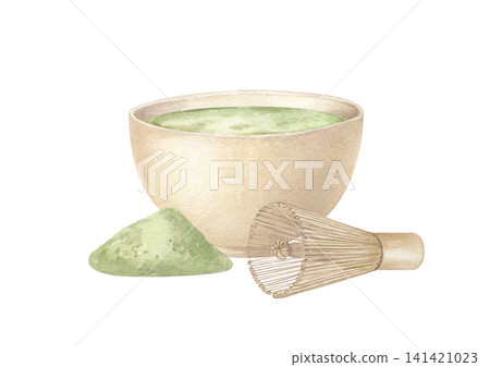 Watercolor matcha green tea in ceramic bowl with bamboo whisk and powder heap. Traditional Japanese tea ceremony culture. Organic healthy drink preparation, antioxidant beverage for wellness. Watercolor matcha green tea in ceramic bowl with bamboo whisk and powder heap. Traditional Japanese tea ceremony culture. Organic healthy drink preparation, antioxidant beverage for wellness. 141421023