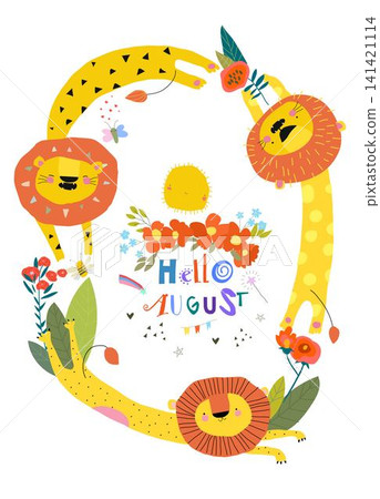 Cute Cartoon Lions With Flowers and Watermelon Cute Cartoon Lions With Flowers and Watermelon 141421114