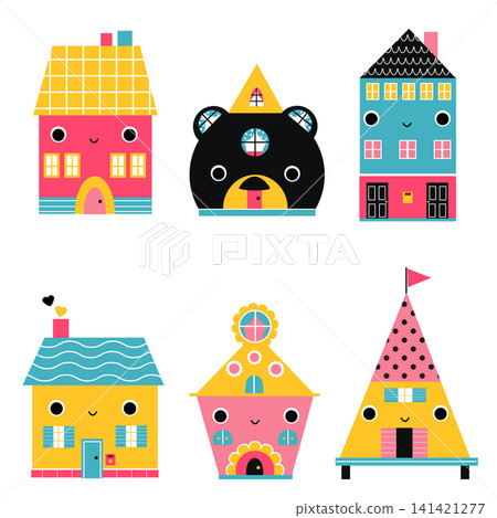 Collection of cute fantasy houses in cartoon child style Collection of cute fantasy houses in cartoon child style 141421277