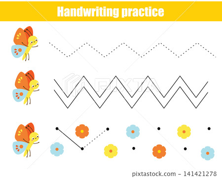Handwriting practice sheet with butterflies. Educational children game. Tracing lines for kids and toddlers 141421278