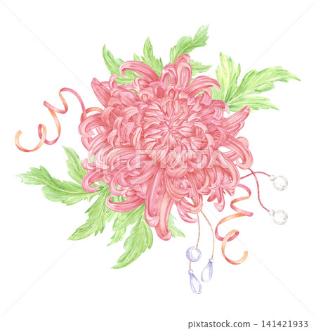 Hand drawn watercolor chrysanthemum with ribbons pearls composition. Illustration isolated on white background. Can be used for postcard, label, scrapbook and other printed products Hand drawn watercolor chrysanthemum with ribbons pearls composition. Illustration isolated on white background. Can be used for postcard, label, scrapbook and other printed products 141421933