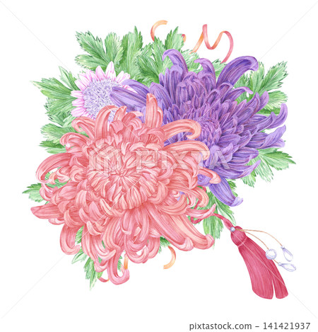Hand drawn watercolor chrysanthemums bouquet ribbons and pearls composition. Illustration isolated on white background. Can be used for postcard, label, scrapbook and other printed products Hand drawn watercolor chrysanthemums bouquet ribbons and pearls composition. Illustration isolated on white background. Can be used for postcard, label, scrapbook and other printed products 141421937