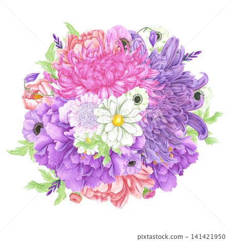Hand drawn watercolor flowers bouquet with green leaves composition. Illustration isolated on white background. Can be used for postcard, label, scrapbook and other printed products Hand drawn watercolor flowers bouquet with green leaves composition. Illustration isolated on white background. Can be used for postcard, label, scrapbook and other printed products 141421950