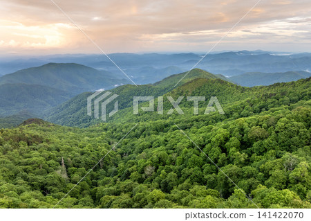 Bright sunset in Smokey Mountains summer woods. Appalachian mountains in North Carolina with fresh green forest trees in summertime season. Beauty of USA nature Bright sunset in Smokey Mountains summer woods. Appalachian mountains in North Carolina with fresh green forest trees in summertime season. Beauty of USA nature 141422070