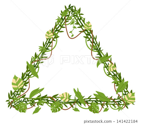 Triangle leaf frame. Triangular frame made of tropical leaves and climbing vines flat vector illustration. Botanical geometric border isolated on white background Triangle leaf frame. Triangular frame made of tropical leaves and climbing vines flat vector illustration. Botanical geometric border isolated on white background 141422184