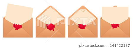 Wax seal envelopes. Collection of paper envelopes with letters and wax seals flat vector illustration set. Vintage mail stationery icons isolated on white background 141422187