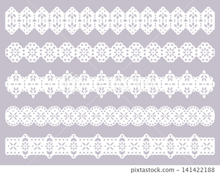 White lace borders. Collection of delicate lace ribbon trims isolated on gray background flat vector illustration set. Elegant decorative ornaments White lace borders. Collection of delicate lace ribbon trims isolated on gray background flat vector illustration set. Elegant decorative ornaments 141422188