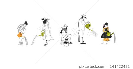 Hand drawn vector graphic sketch line illustration set with various people involved in gardening and watering .Gardening concept vector graphic illustration line art. Cute garden person drawing Hand drawn vector graphic sketch line illustration set with various people involved in gardening and watering .Gardening concept vector graphic illustration line art. Cute garden person drawing 141422421