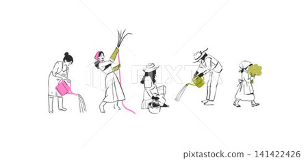 Hand drawn vector graphic sketch line illustration set with various people involved in gardening and watering .Gardening concept vector graphic illustration line art. Cute garden person drawing Hand drawn vector graphic sketch line illustration set with various people involved in gardening and watering .Gardening concept vector graphic illustration line art. Cute garden person drawing 141422426