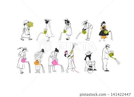 Hand drawn vector graphic sketch line illustration set with various people involved in gardening and watering .Gardening concept vector graphic illustration line art. Cute garden person drawing 141422447