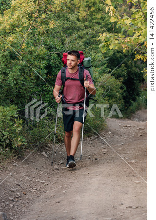 Hiker walk through forest path with backpack and trekking poles Hiker walk through forest path with backpack and trekking poles 141422456
