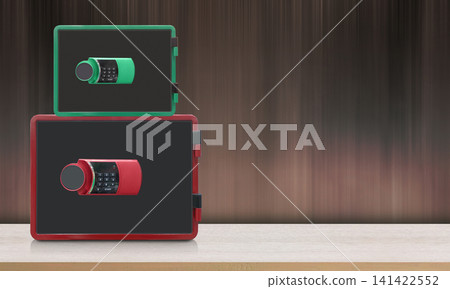 front view smaii green and black steel rectangular safety deposit box on large red and black steel rectangular safety deposit box on wood floor, grey and brown wall background, money, safety, object, front view smaii green and black steel rectangular safety deposit box on large red and black steel rectangular safety deposit box on wood floor, grey and brown wall background, money, safety, object, 141422552
