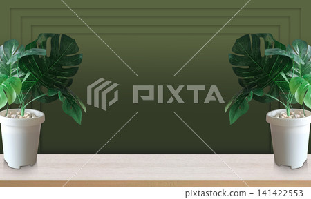 Two potted green leaf and plants in white pots are placed on the floor, one on the left and one on the right, against a green wall background featuring multiple overlapping layers. Two potted green leaf and plants in white pots are placed on the floor, one on the left and one on the right, against a green wall background featuring multiple overlapping layers. 141422553