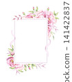 Frame with pink camellia flowers and branches watercolor illustration isolated on white background. Hand drawn delicate and elegant template 141422837