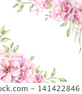 Template with pink camellia flowers and leaves watercolor illustration isolated on white background. Hand drawn delicate and elegant frame 141422846
