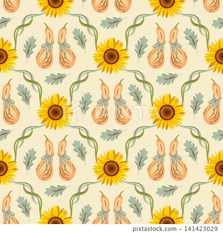 Yellow sunflower seamless pattern with butternut squash, curling ribbons and green oak leaves. Vintage decorative nostalgic countryside textile, wallpaper or background symmetrical design, vector Yellow sunflower seamless pattern with butternut squash, curling ribbons and green oak leaves. Vintage decorative nostalgic countryside textile, wallpaper or background symmetrical design, vector 141423029