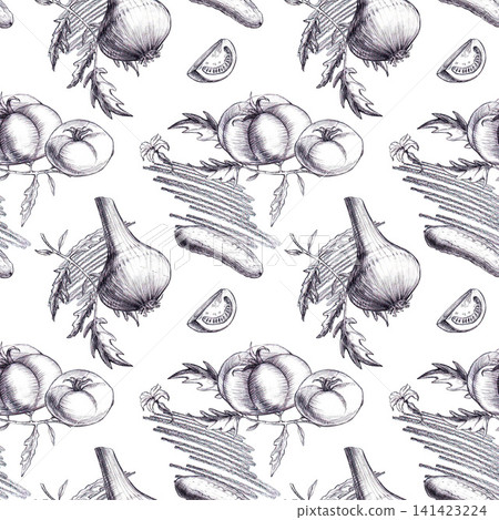 Seamless pattern with tomatoes, onion, cucumber, leaves, flowers and texture hand drawn graphite pencil sketch. Botanical Line art background for organic food packaging, fabric, kitchen textile. Seamless pattern with tomatoes, onion, cucumber, leaves, flowers and texture hand drawn graphite pencil sketch. Botanical Line art background for organic food packaging, fabric, kitchen textile. 141423224