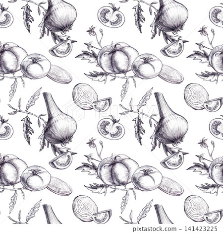 Seamless pattern with tomatoes, onion, slices, rings and leaves hand drawn graphite pencil sketch. A botanical graphic design element for fresh organic farm packaging, textiles, culinary food art. 141423225