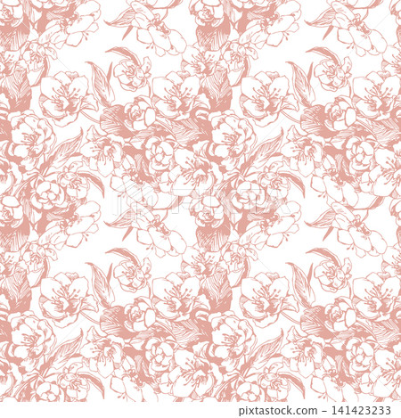 Vector sketch of a sakura. Line drawing of a blossoming hanging cherry branch. Seamless pattern with apple blossoms for wedding invitations. Delicate design for textiles, wrapping paper, and wallpaper Vector sketch of a sakura. Line drawing of a blossoming hanging cherry branch. Seamless pattern with apple blossoms for wedding invitations. Delicate design for textiles, wrapping paper, and wallpaper 141423233