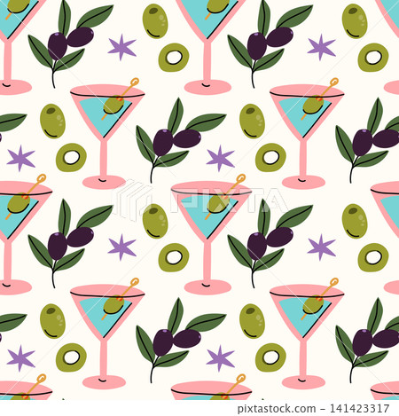 Martini Cocktail and Green Olive Branches Seamless Pattern Background Martini Cocktail and Green Olive Branches Seamless Pattern Background 141423317