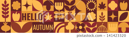 Hello Autumn Horizontal Geometric Grid Banner Design with Leaves and Vegetables Hello Autumn Horizontal Geometric Grid Banner Design with Leaves and Vegetables 141423320