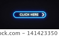 Neon blue glowing Click Here button with arrow on dark transparent background. Vibrant rounded CTA element for website, banner or digital advertising design. 141423350