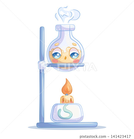 Hand-drawn cute cartoon characters. A glass laboratory flask and an test tube, bottle, fla. Isolated on a white background. Cartoon children's vector illustration for poster design, printing, textiles Hand-drawn cute cartoon characters. A glass laboratory flask and an test tube, bottle, fla. Isolated on a white background. Cartoon children's vector illustration for poster design, printing, textiles 141423417