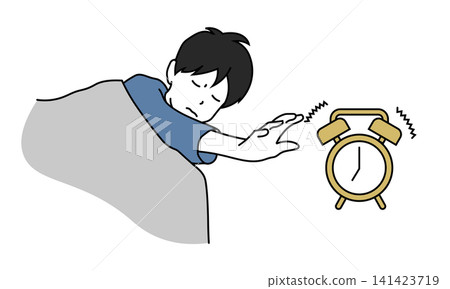 一幅插圖描繪了一個孩子從被子底下伸出手來關掉鬧鐘。 一幅插圖描繪了一個孩子從被子底下伸出手來關掉鬧鐘。 141423719