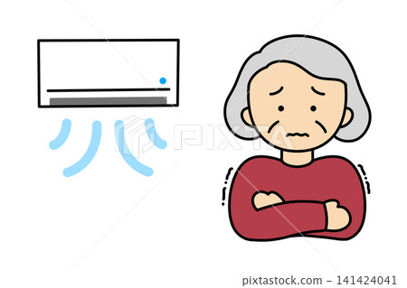 An illustration of a senior woman feeling cold from the air conditioner. An illustration of a senior woman feeling cold from the air conditioner. 141424041