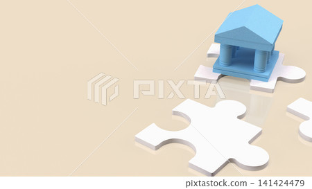 Bank Building on Jigsaw Puzzle for Financial Solutions 3d render. Bank Building on Jigsaw Puzzle for Financial Solutions 3d render. 141424479