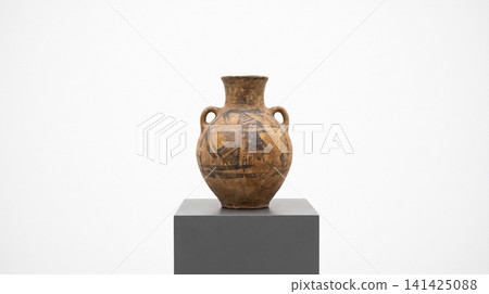 Ancient terracotta amphora on display pedestal with archaeology artifact historic pedestal antiquity terracotta archaeological heritage artistic interior background sculpture handmade Ancient terracotta amphora on display pedestal with archaeology artifact historic pedestal antiquity terracotta archaeological heritage artistic interior background sculpture handmade 141425088