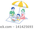 Family eating watermelon on the beach_color 141425693