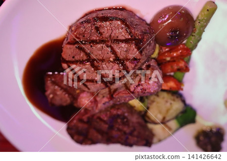 Grilled Steak with Vegetables and Sauce Grilled Steak with Vegetables and Sauce 141426642