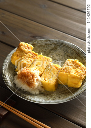 Tamagoyaki (Japanese rolled omelet) with boiled whitebait Tamagoyaki (Japanese rolled omelet) with boiled whitebait 141426792
