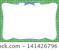 Hand-drawn frame material: Blue ribbon and green checkered pattern, colored pencil style. 141426796