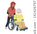 A full-body, hand-drawn illustration of a female caregiver wearing a hijab and an elderly woman in a wheelchair. 141426797