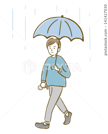 A man walking with an umbrella and an eco-bag on a rainy day. A man walking with an umbrella and an eco-bag on a rainy day. 141427030