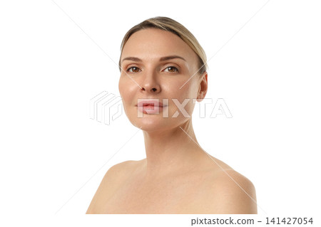 Calm woman with smooth skin and confidence, isolated on white, PNG 141427054