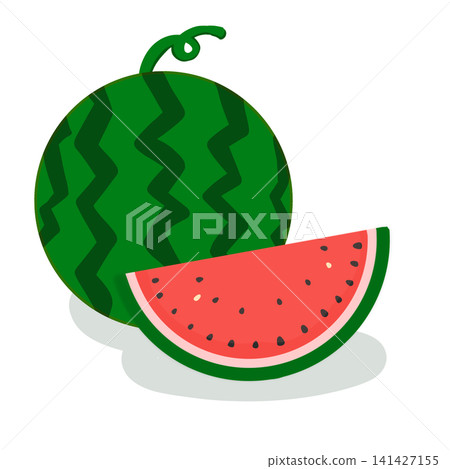 A set of illustrations of a whole watermelon and a sliced watermelon. A set of illustrations of a whole watermelon and a sliced watermelon. 141427155