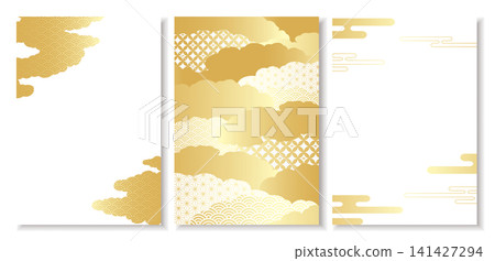 一套優雅的日式背景框，以金色雲霧為主題。向量圖。 141427294