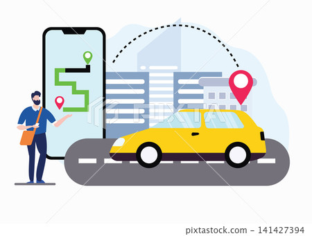 Ride Hailing Mobile App with GPS Navigation and Taxi Service Vector Illustration Ride Hailing Mobile App with GPS Navigation and Taxi Service Vector Illustration 141427394