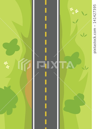 Top View Straight Asphalt Road Through Green Landscape Flat Vector Background Design Top View Straight Asphalt Road Through Green Landscape Flat Vector Background Design 141427395