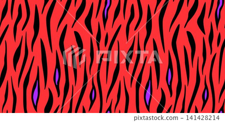 Trendy red tiger stripe seamless pattern. Repeated vibrant zebra background. Repeating animal skin surface for textile design, fashion print. Bright bold safari theme wallpaper. Vector backdrop Trendy red tiger stripe seamless pattern. Repeated vibrant zebra background. Repeating animal skin surface for textile design, fashion print. Bright bold safari theme wallpaper. Vector backdrop 141428214