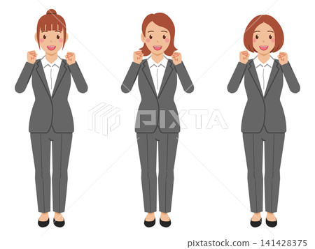 【全身照】一位身穿襯衫和灰色褲裝的年輕女子擺出勝利姿勢。 【全身照】一位身穿襯衫和灰色褲裝的年輕女子擺出勝利姿勢。 141428375