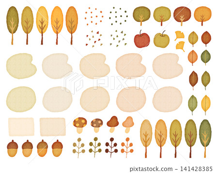 Autumn illustration set: Autumn leaves, fallen leaves, acorns, mushrooms, and frames. Autumn illustration set: Autumn leaves, fallen leaves, acorns, mushrooms, and frames. 141428385
