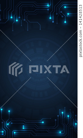 Abstract vertical dark blue technology vector background with glowing light blue circuit board traces and circular hud interface design Abstract vertical dark blue technology vector background with glowing light blue circuit board traces and circular hud interface design 141428513