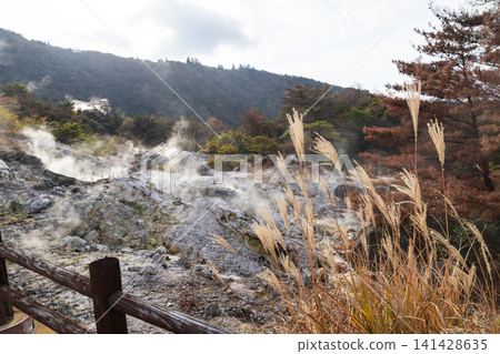 A walking trail through Unzen Jigokudani (Hell Valley), where the smell of sulfur hangs in the air; the scenery of Oito Jigoku (Oito Hell). A walking trail through Unzen Jigokudani (Hell Valley), where the smell of sulfur hangs in the air; the scenery of Oito Jigoku (Oito Hell). 141428635
