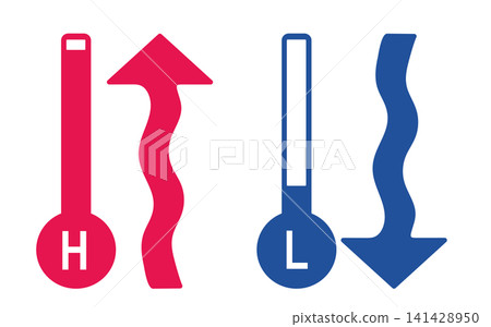 A set of illustrations featuring thermometers with text indicating high and low temperatures, along with arrows. Keywords: H and L, temperature change, rise and fall, comparison, contrast, business. A set of illustrations featuring thermometers with text indicating high and low temperatures, along with arrows. Keywords: H and L, temperature change, rise and fall, comparison, contrast, business. 141428950