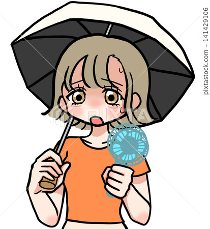 一幅描繪女子手持陽傘和扇子的插圖。 一幅描繪女子手持陽傘和扇子的插圖。 141429106