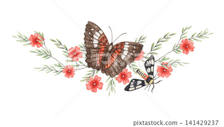 Watercolor Scarlet Peacock butterfly and Wasp Moth flower composition. Hand drawn flying insect with vibrant plant illustration. Floral design for wedding invitation card or greeting poster art. 141429237